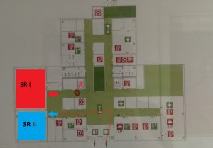 Bild vom Gebäudeplan mit hervorgehobenen Seminarräumen. Nicht barrierefrei.