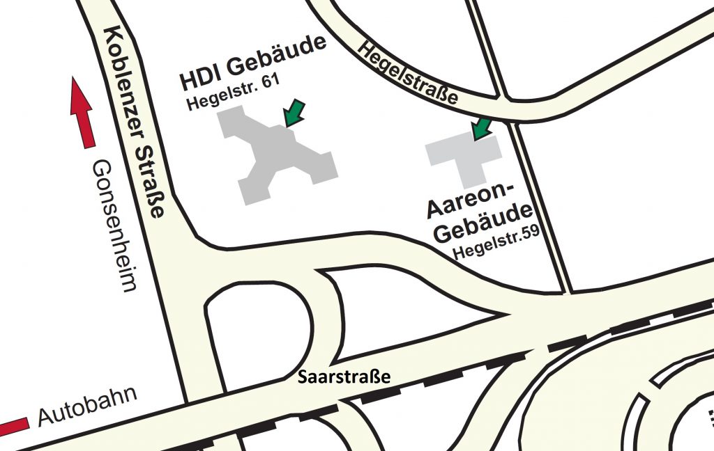 Enlarged image section of the campus map indicating the wheelchair accessible entrances to the building. Linked picture PDF is not accessible.