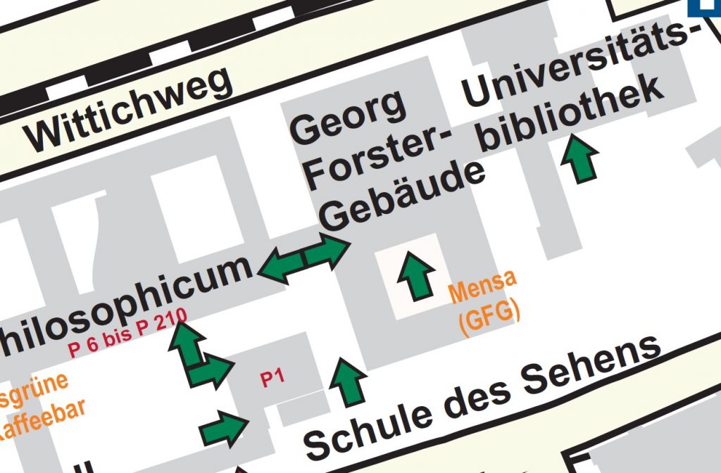 Enlarged image section of the campus map indicating the wheelchair accessible entrances to the building. Linked picture PDF is not accessible.