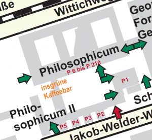 vergrößerter Ausschnitt des Campusplans worin die Lage der Hörsäle angezeigt wird. Beim klicken aufs Bild kommt man zu einer Großansicht die nicht barrierefrei ist 