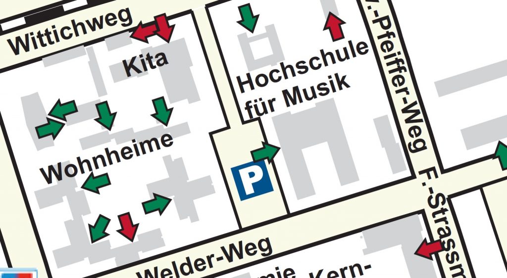 Enlarged image section of the campus map indicating the wheelchair accessible entrances to the building. Linked picture PDF is not accessible.